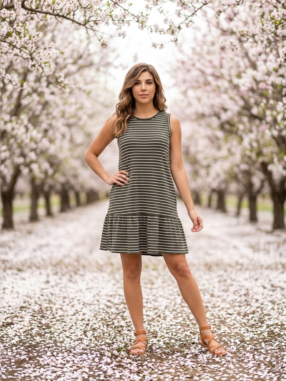Striped Olive & White Sleeveless Ruffle Hem Dress